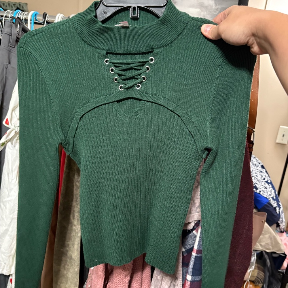 No Boundaries Forest Green Lace-Up Long Sleeve Top